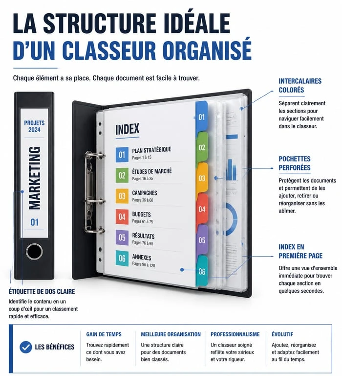 Schéma de l'organisation classeur idéale avec intercalaires et étiquetage