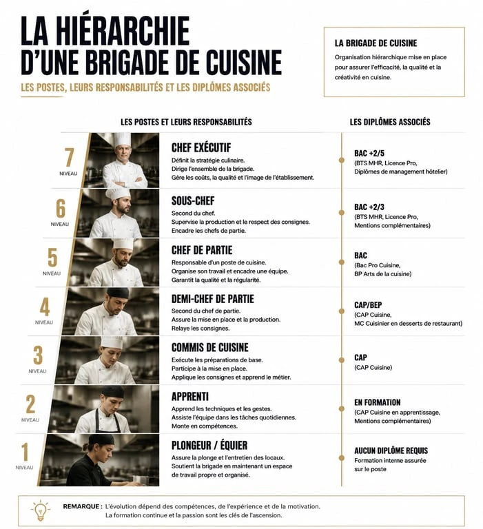 Infographie des étapes de carrière pour devenir chef cuisinier et parcours de formation
