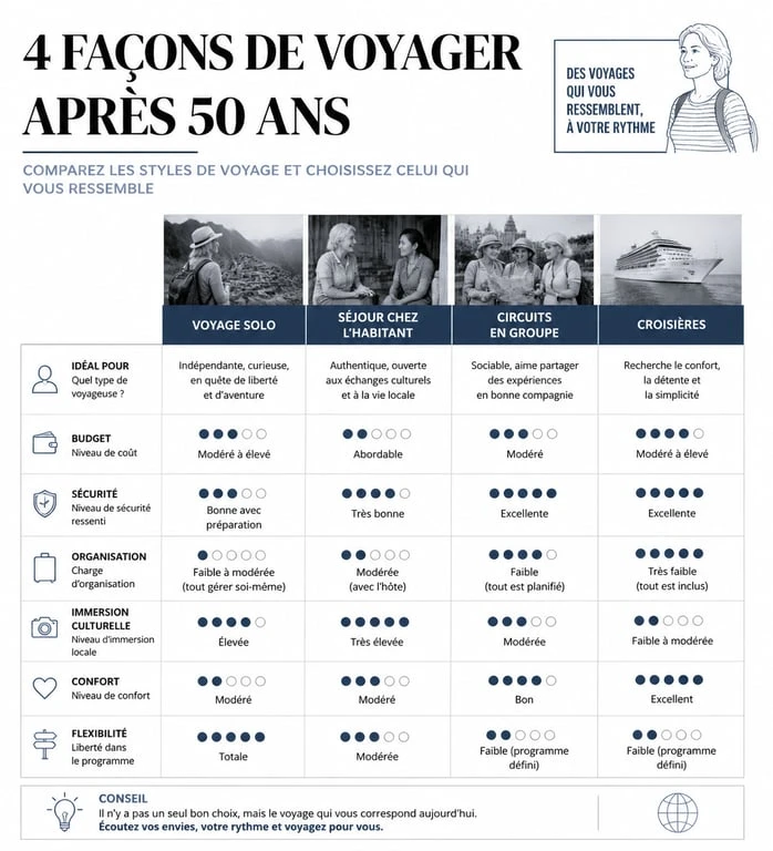 Comparatif des modes de voyage pour femme de 50 ans : solo, hébergement solidaire, groupe ou croisière