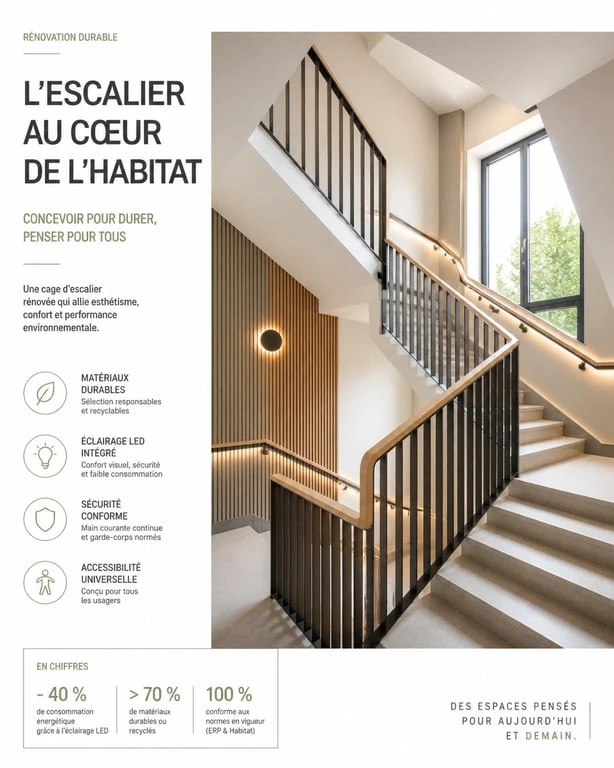 Rénovation moderne d'une cage d'escalier d'immeuble respectant les normes de sécurité et d'accessibilité