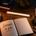 Lampes à pile variées sur table en bois