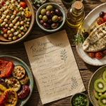 menu type regime mediterraneen sur table avec plats variés