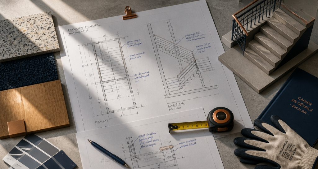 plans cage d'escalier immeuble sur table architecte