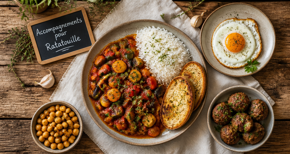 Accompagnement ratatouille avec riz, pain, œuf, boulettes et pois chiches