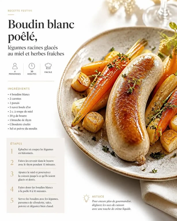 Boudin blanc poêlé et son accompagnement de légumes racines glacés au miel