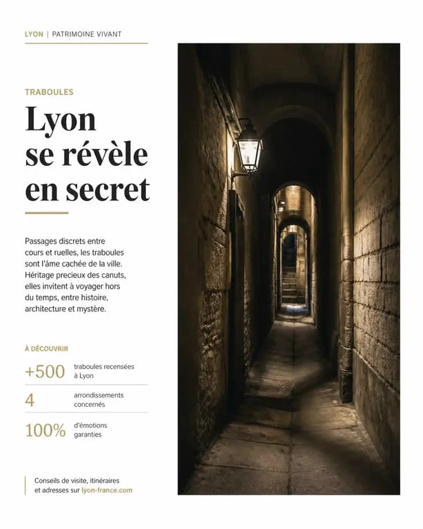 Traboule mystérieuse dans le Vieux-Lyon, un lieu incontournable du secret lyonnais.