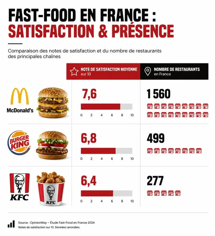 Comparatif des enseignes de fast food connus en France : nombre de restaurants et satisfaction client