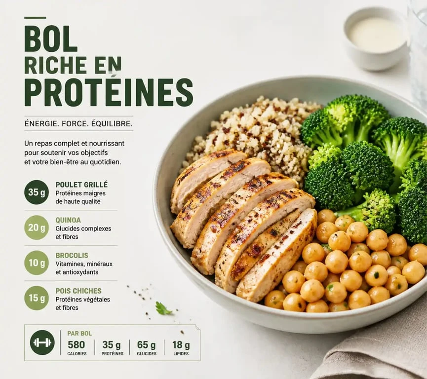 Repas riche en protéines composé de poulet, quinoa et légumes pour une alimentation équilibrée