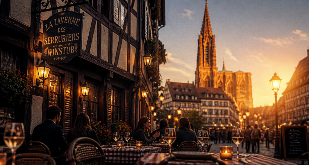 ville à visiter Strasbourg terrasse et cathédrale au soleil couchant