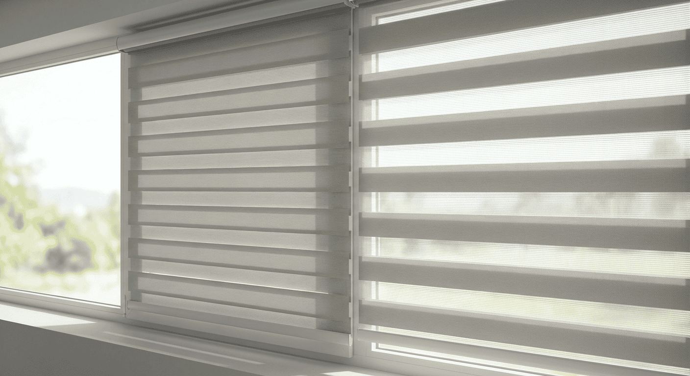 Bright window with layered zebra blinds in a minimalist living space.
