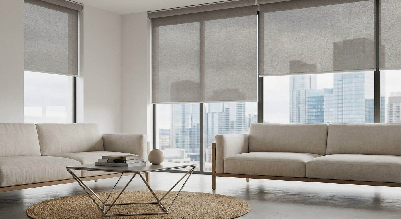 Bright living room with large windows and city skyline in the background.