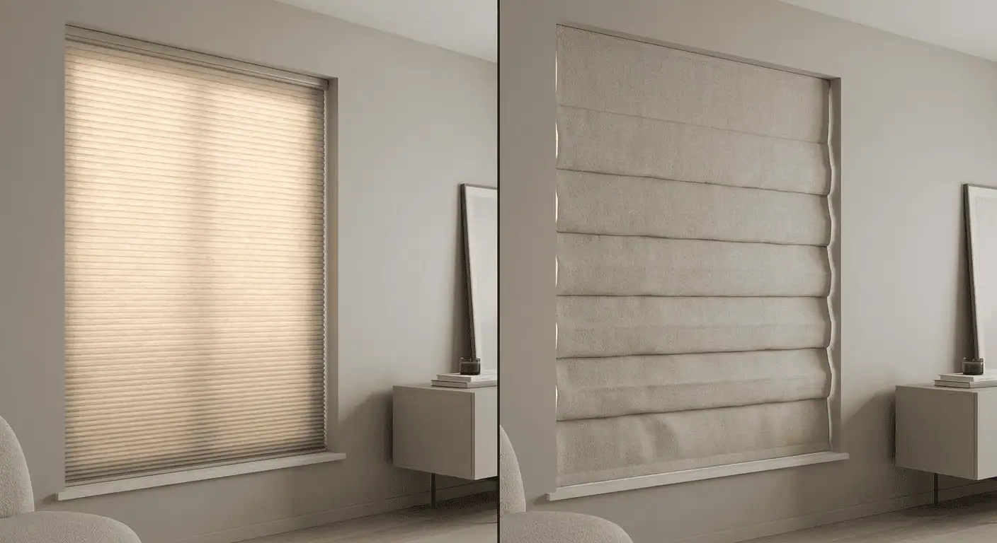 Beige window blinds with horizontal slats, stylish and functional for light control and privacy.