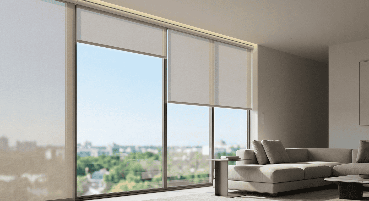Bright living room with expansive windows overlooking the cityscape.