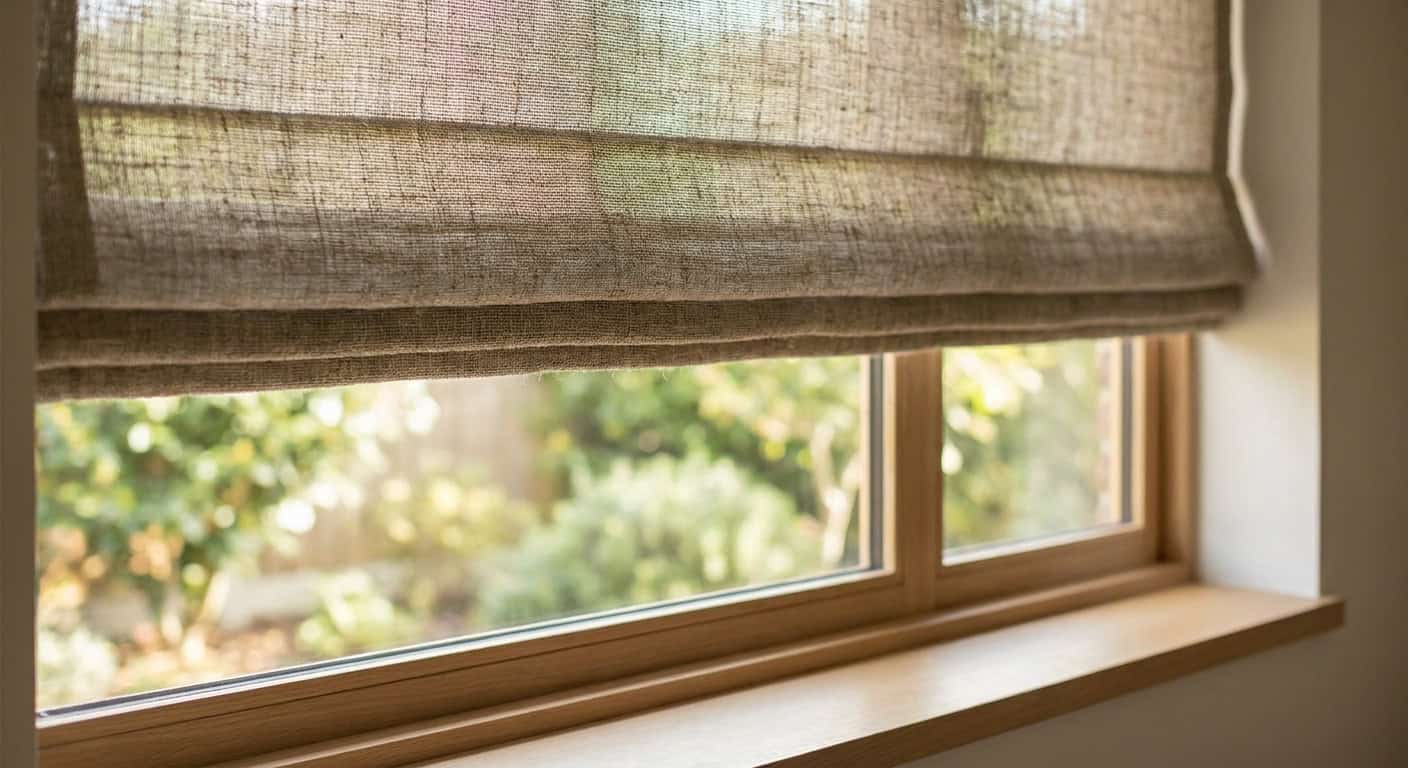 Window with beige fabric blind partially open, showing greenery outside.