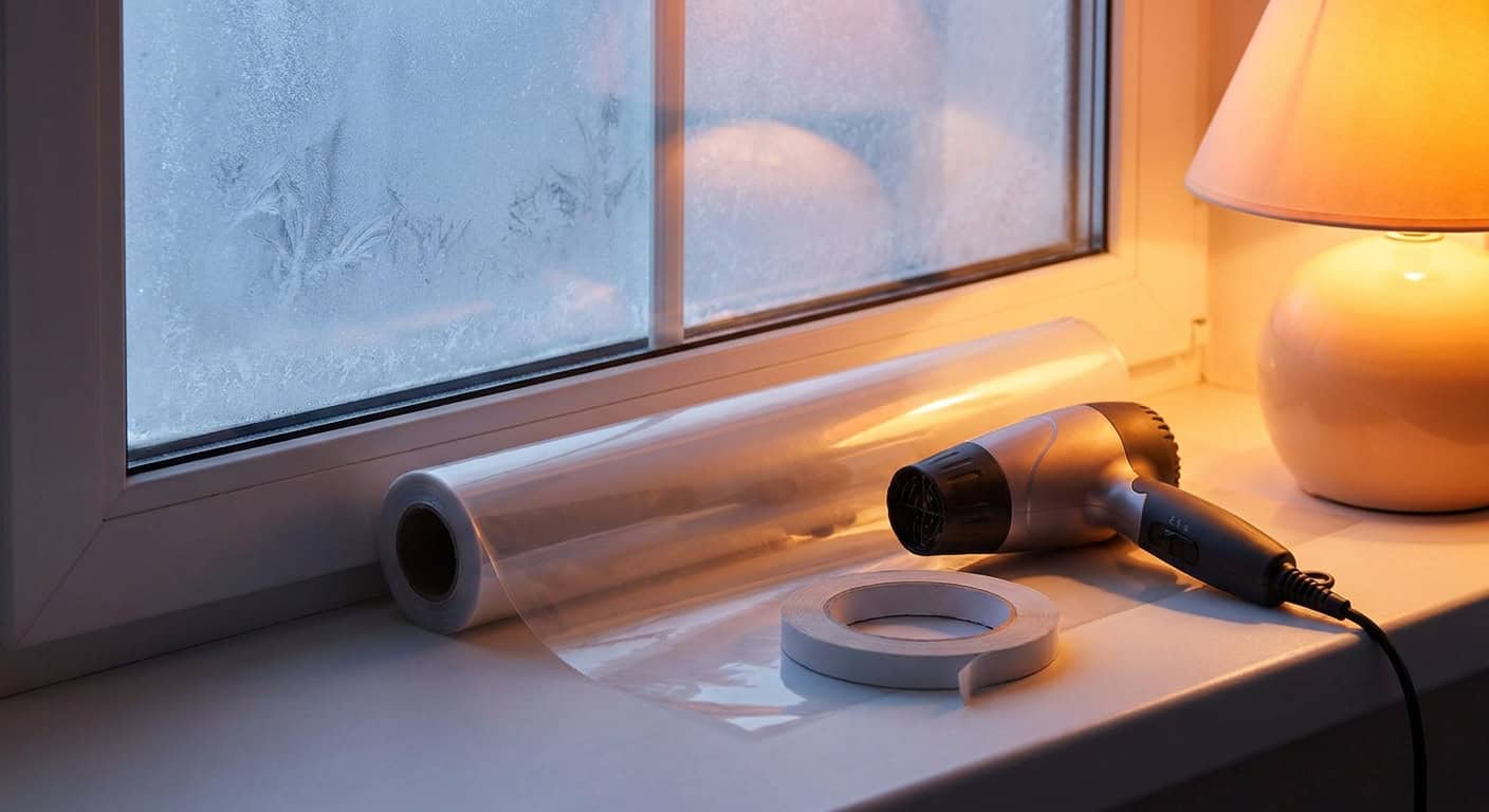 Wet window with hairdryer and plastic wrap for cleaning or drying.