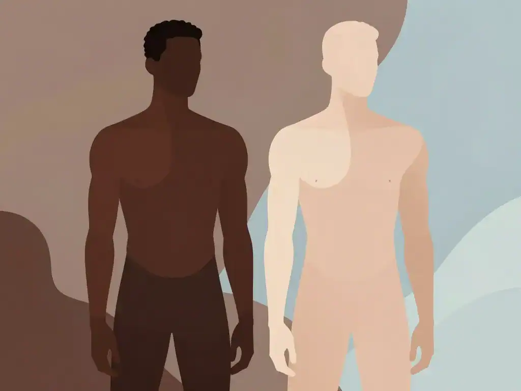 scène deux silhouettes homme maigre noir vs blanc corps et peau