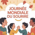 Illustration journée mondiale du sourire 2024 avec enfants et adultes en automne