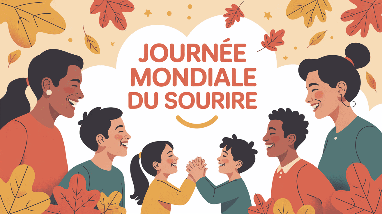 Illustration journée mondiale du sourire 2024 avec enfants et adultes en automne