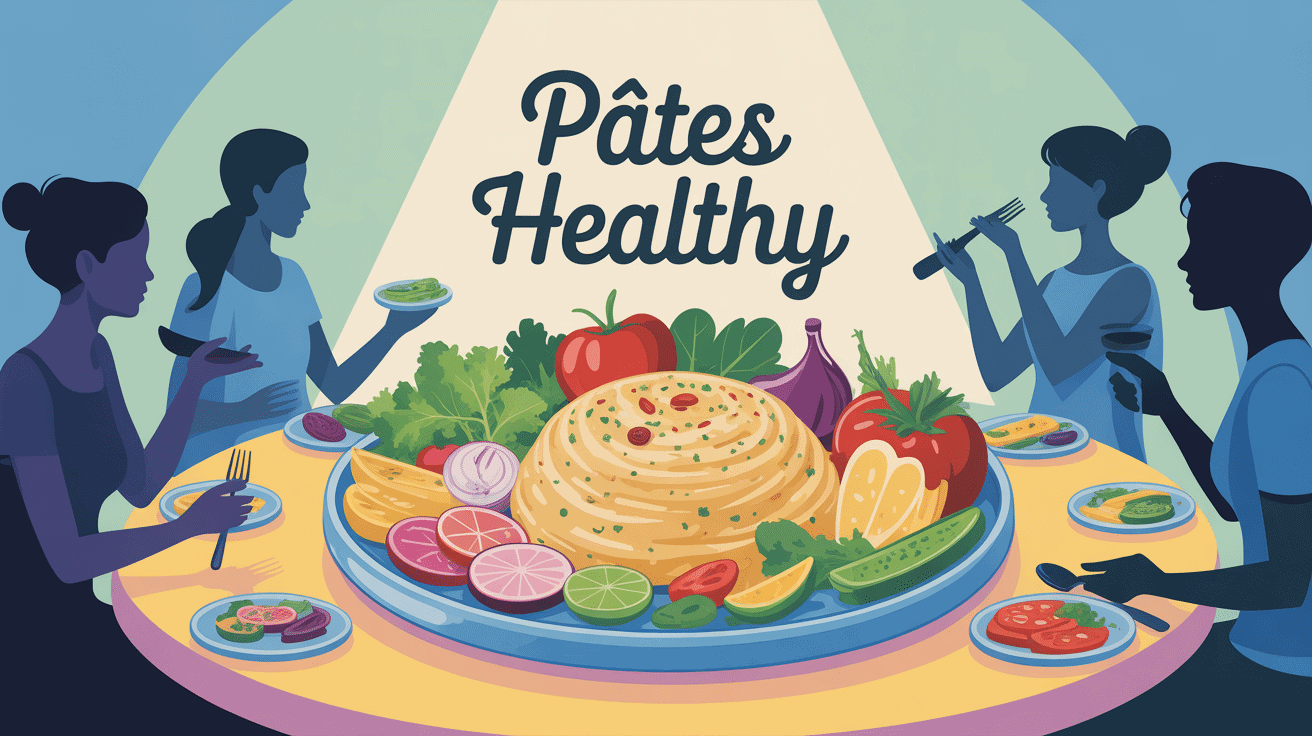 Pate healthy colorée avec légumes et protéines, ambiance conviviale