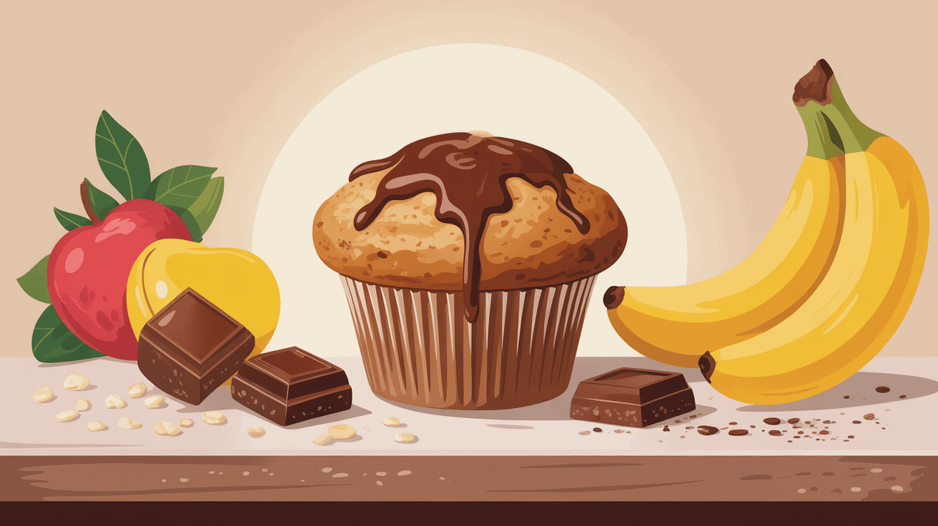 recette muffin banane chocolat healthy avec ingrédients autour, style moderne