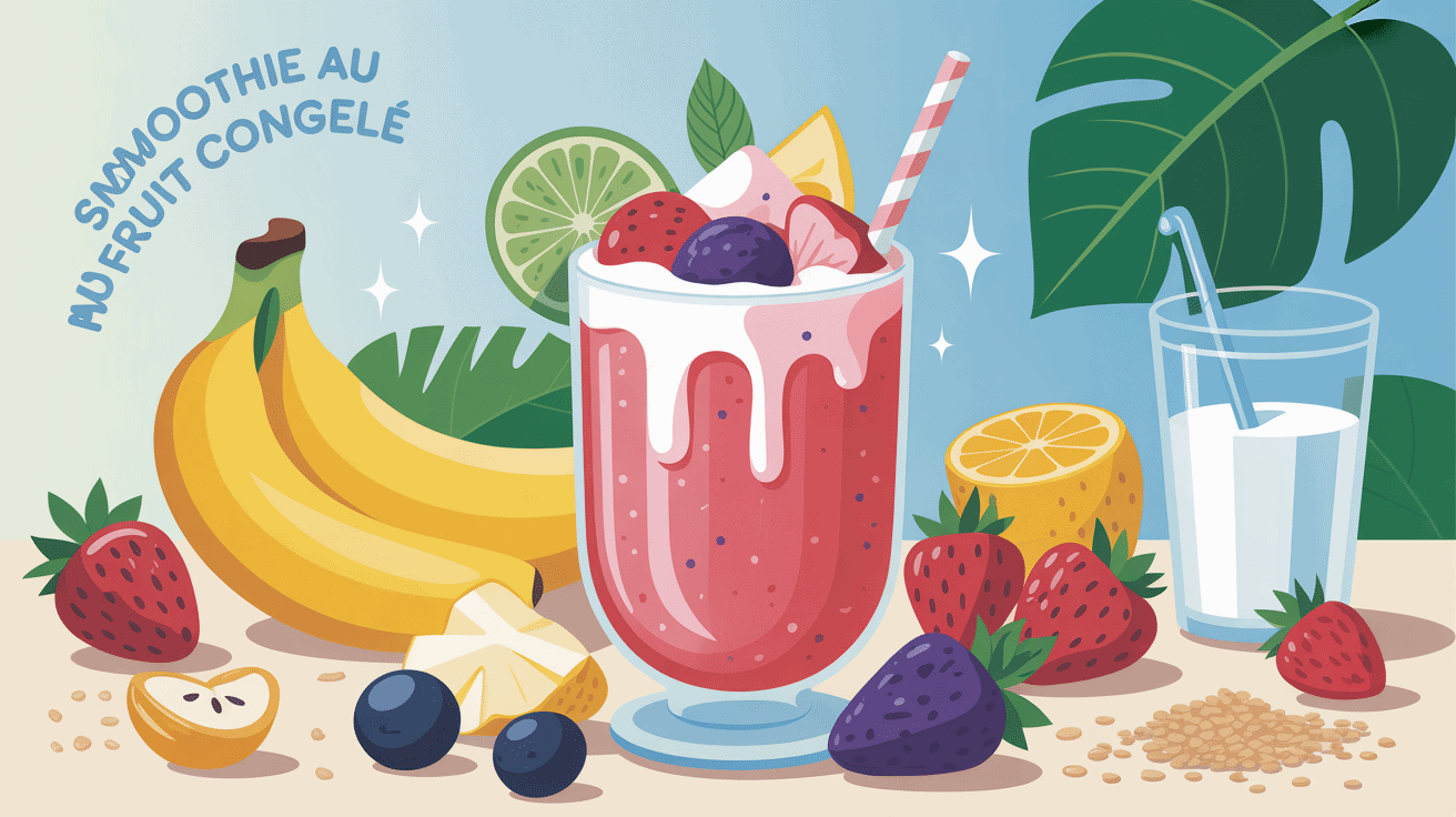 Smoothie au fruit congelé dans un grand verre avec ingrédients autour