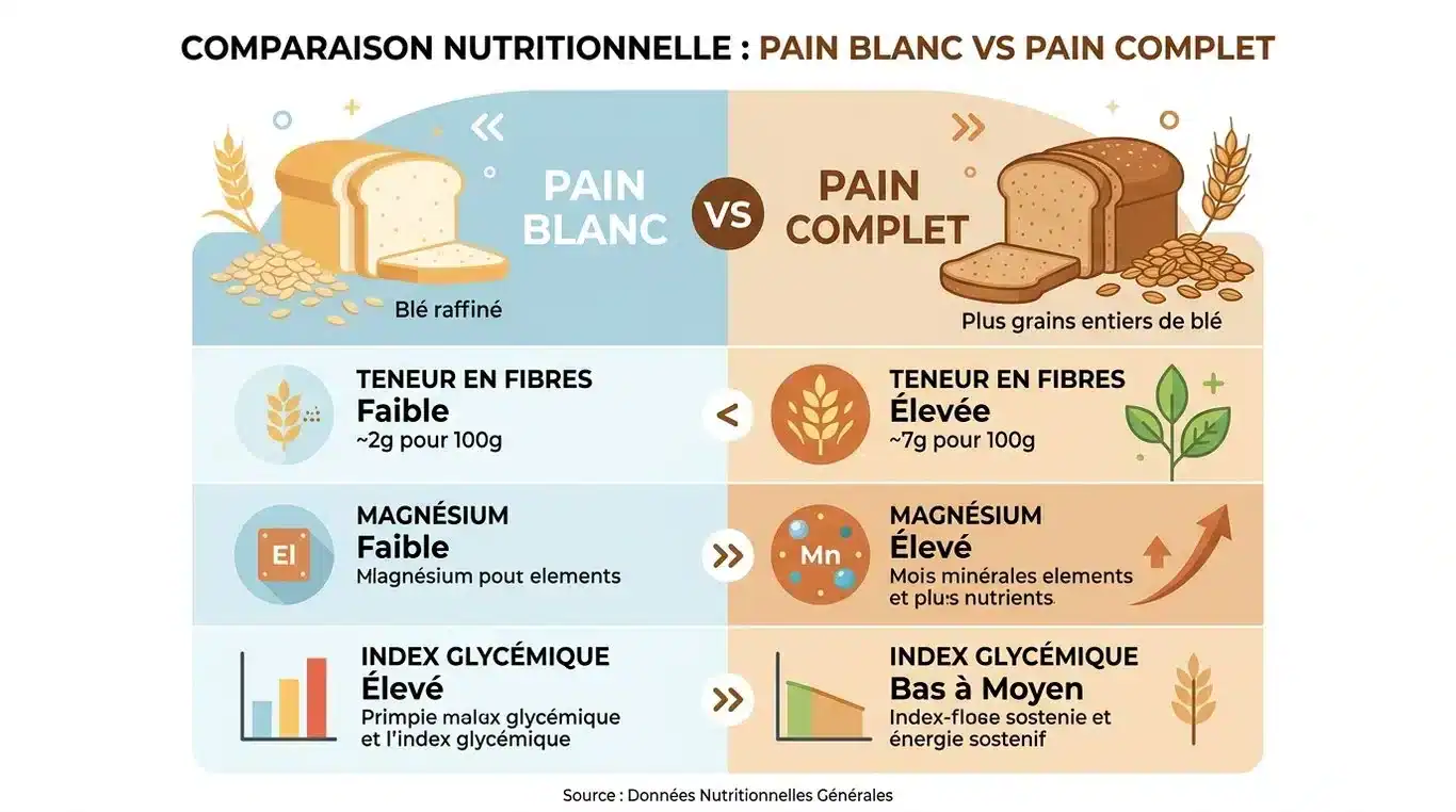Infographie comparative des bienfaits nutritionnels du pain complet par rapport au pain blanc