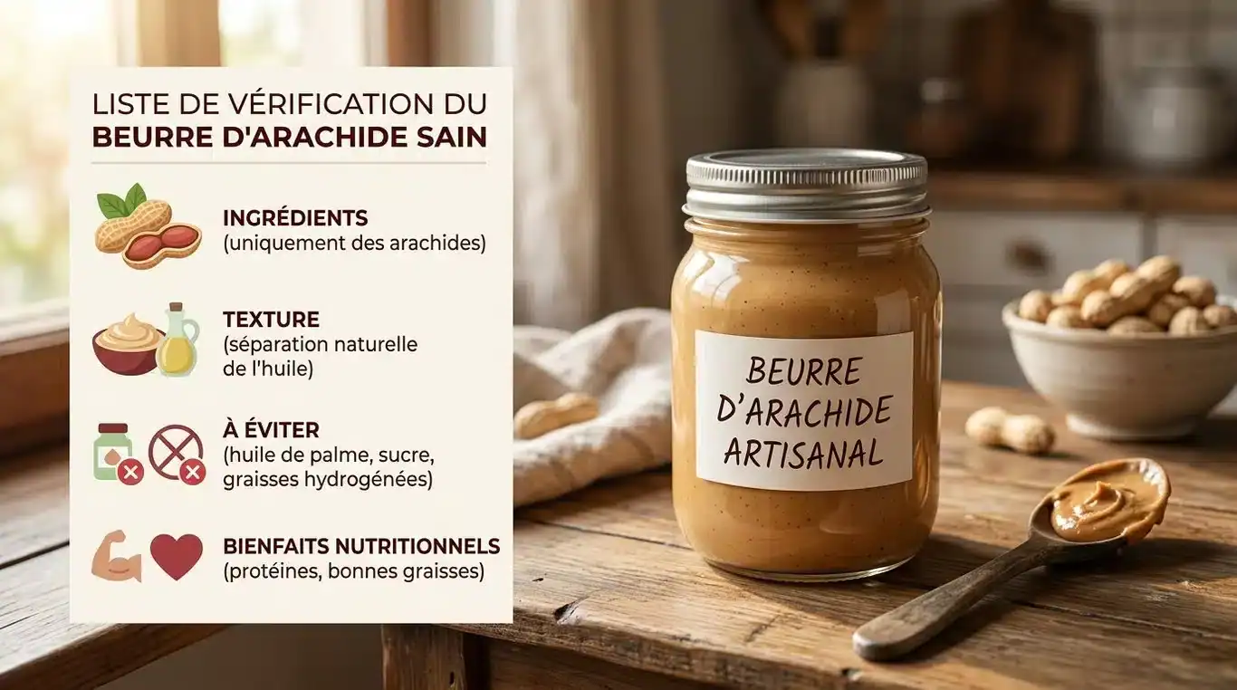 Beurre de cacahuète maison onctueux et infographie des critères de sélection d'un beurre de cacahuète sain