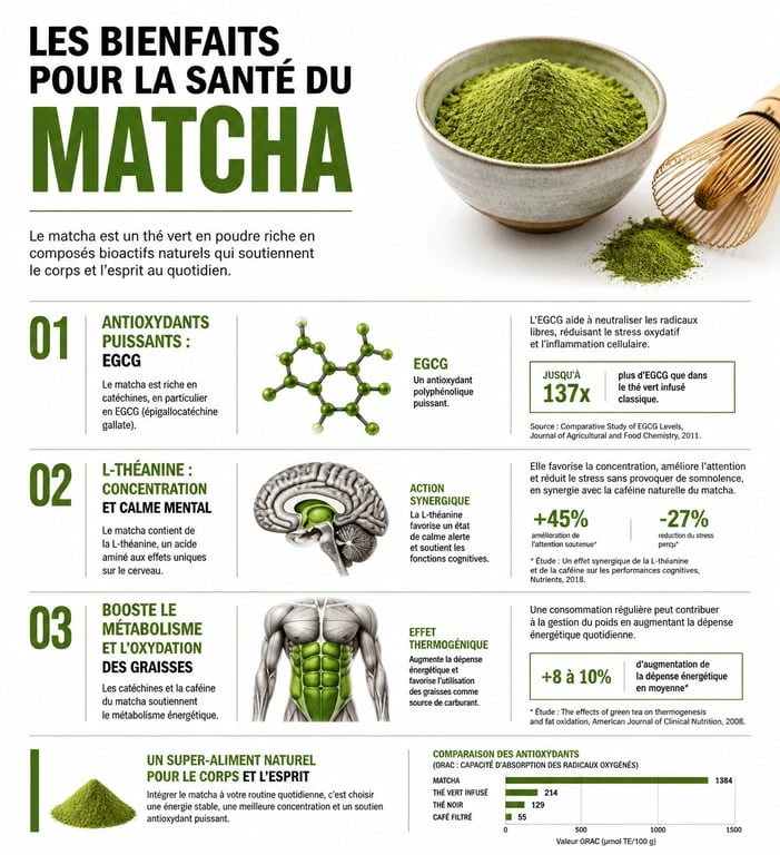 Infographie sur les bienfaits du matcha pour la santé et le bien-être