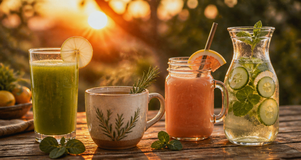 quatre jus detox pour le foie sur table rustique