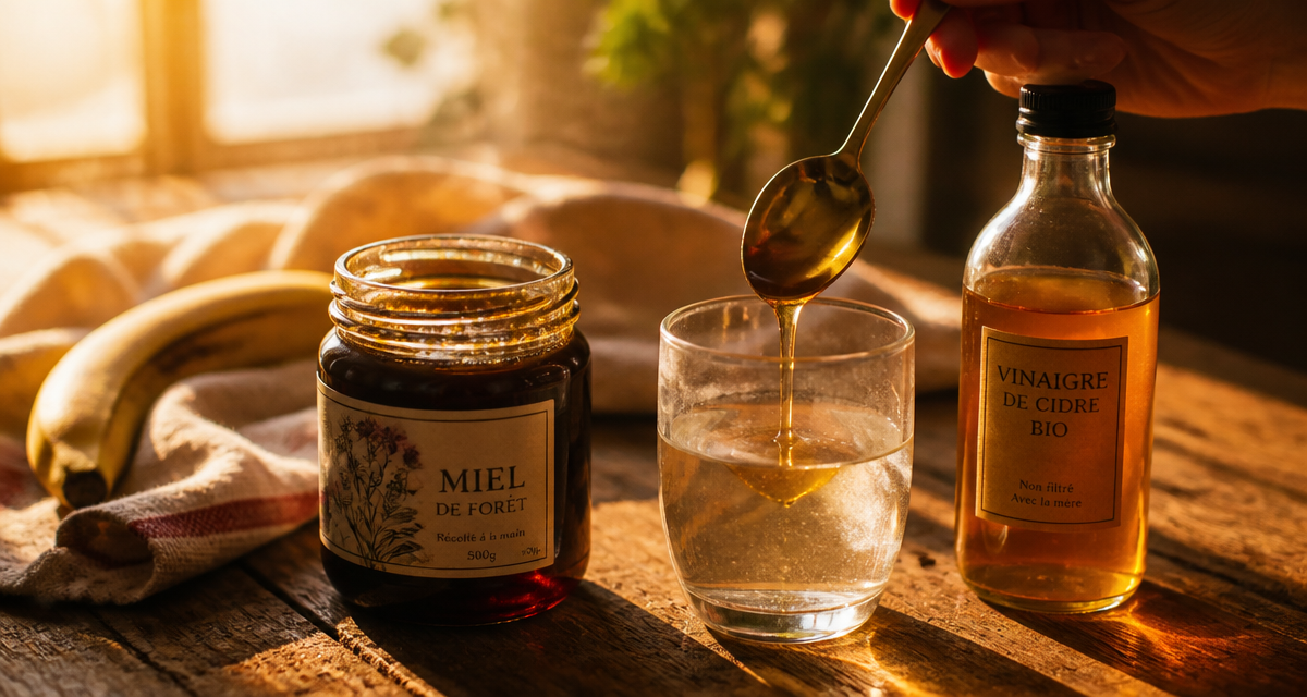 le miel contre les crampes sur table avec banane et vinaigre