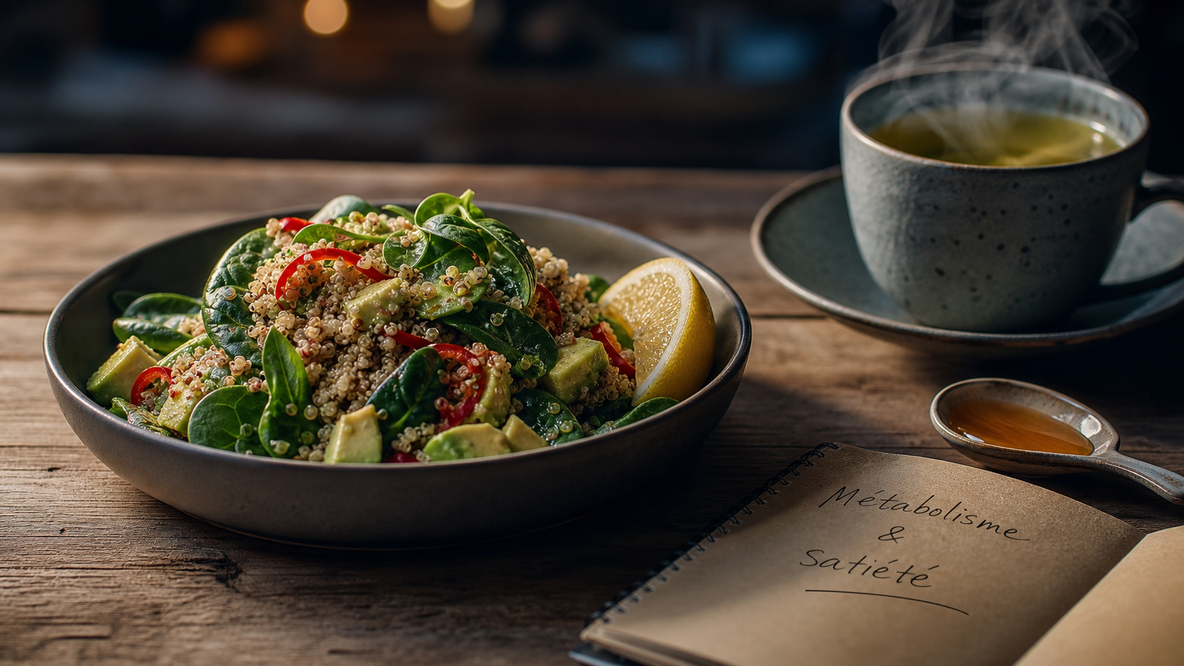Aliments brûle graisse : salade quinoa, avocat et thé vert pour la satiété
