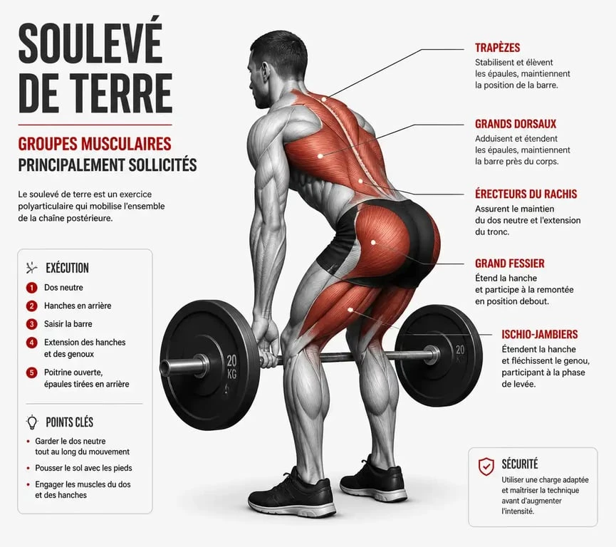Schéma des muscles sollicités lors du soulevé de terre