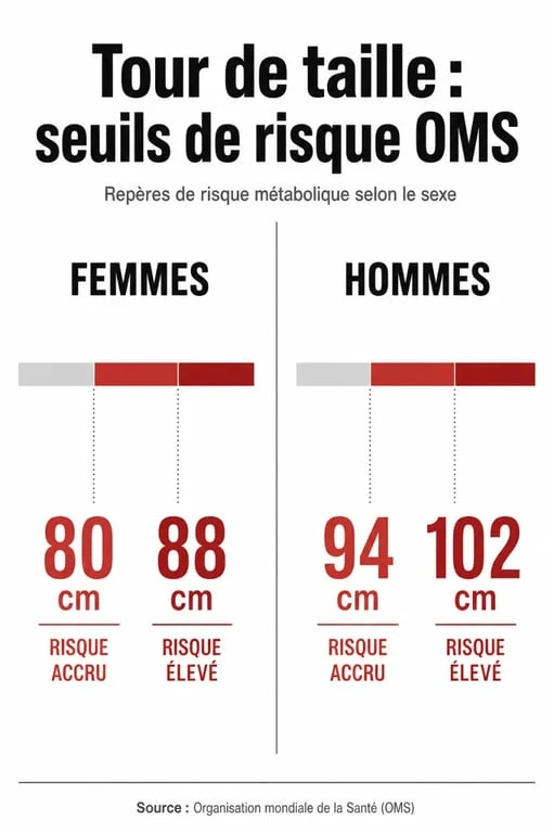 Infographie des seuils de risque du tour de taille pour perdre tour de taille selon les recommandations de l'OMS