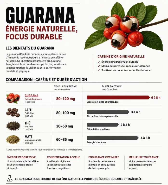 Infographie comparative des bienfaits et propriétés du guarana par rapport aux autres stimulants