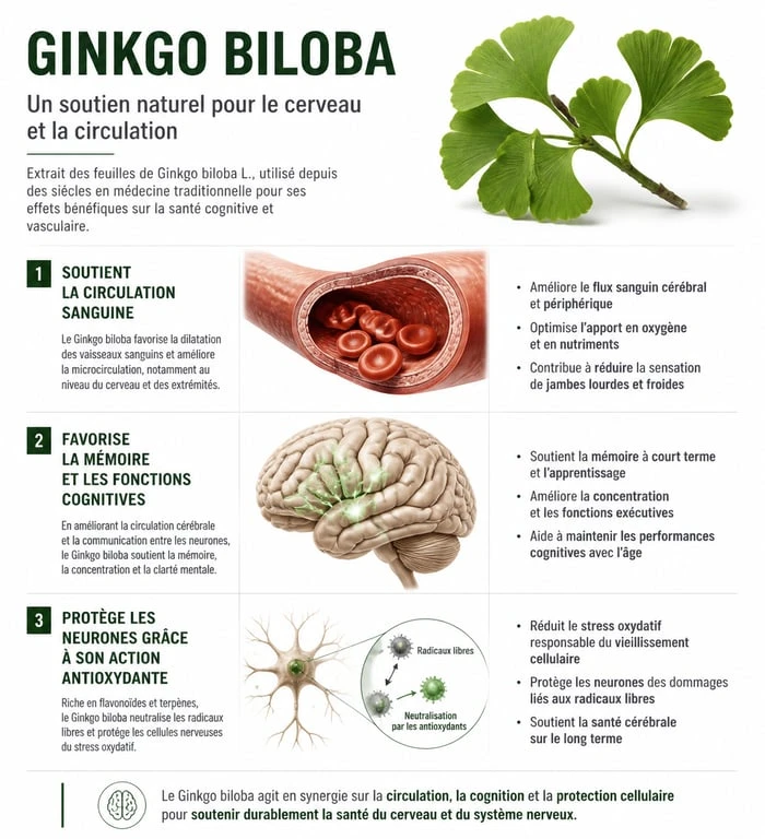 Infographie des bienfaits du ginkgo biloba sur la santé, la circulation et la mémoire