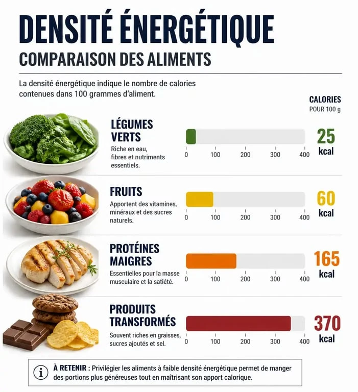 Infographie sur la densité énergétique des aliments pour savoir quoi manger pour maigrir