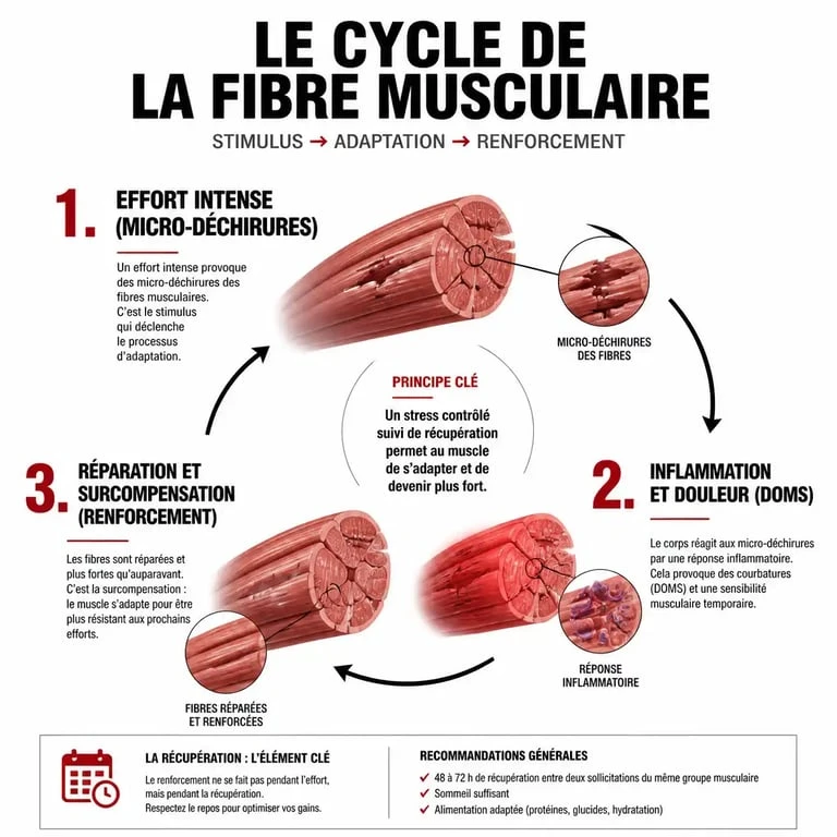Schéma explicatif du processus physiologique des courbatures après musculation et de la reconstruction musculaire