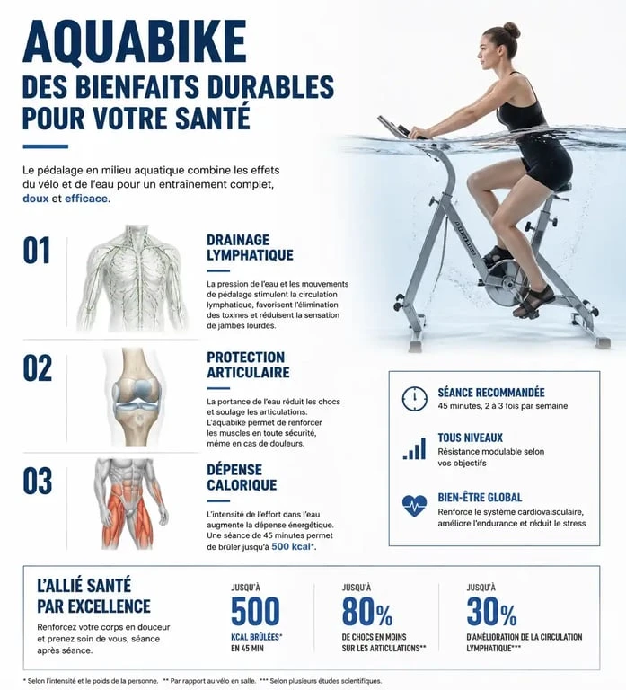 Infographie des bienfaits de l'aquabike sur la santé et la remise en forme