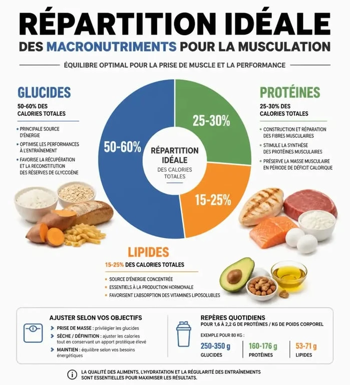 Infographie sur la nutrition pour la musculation : répartition des macronutriments
