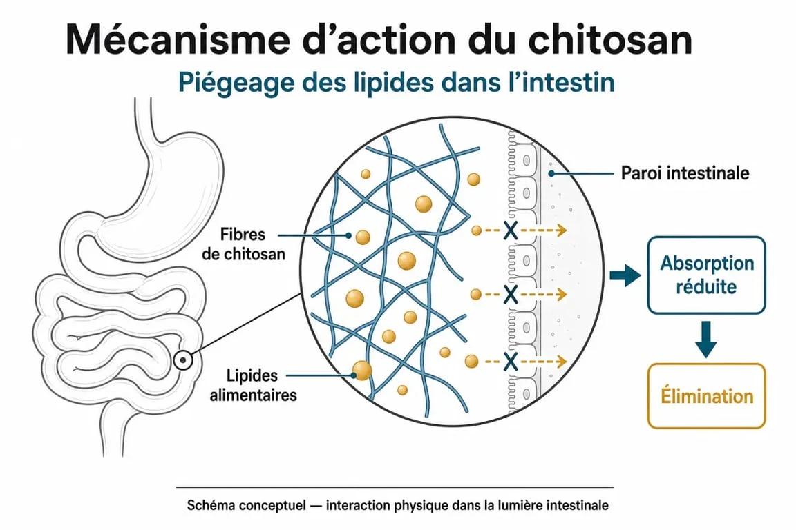 Schéma explicatif du mécanisme d'action du chitosan pour la capture des graisses et avis sur son efficacité