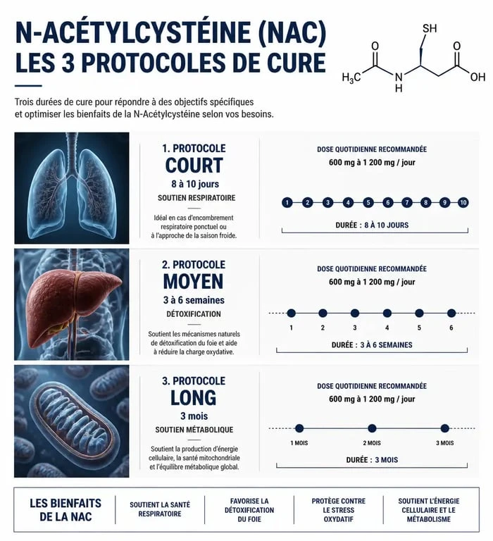 Infographie des durées de cure de NAC selon les objectifs de santé