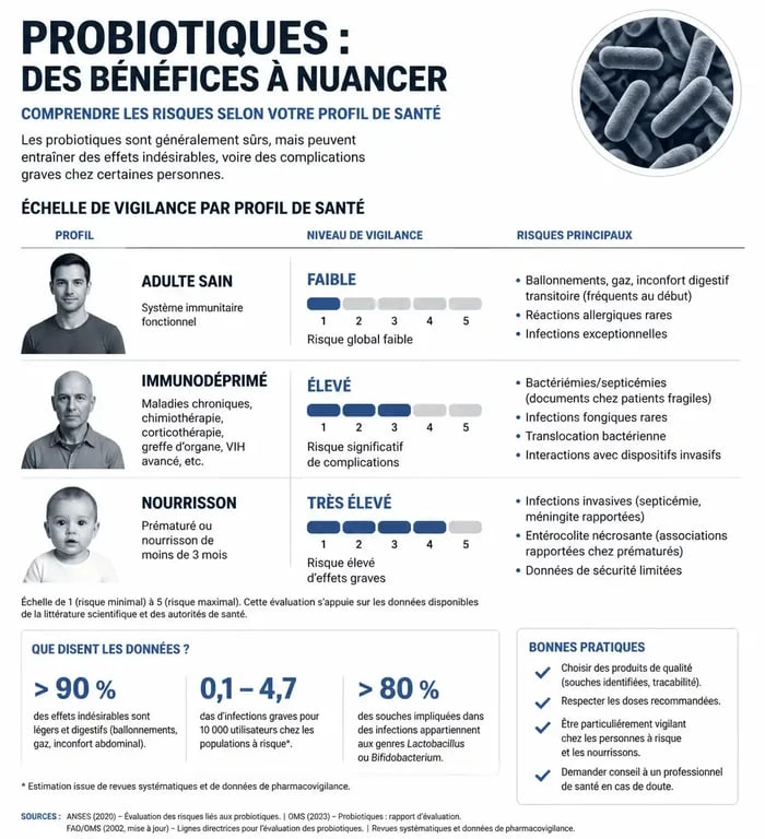Infographie des risques et niveaux de vigilance liés à la prise de probiotiques selon le profil de santé