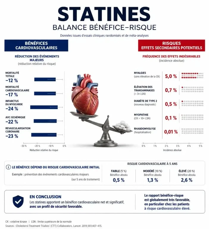 Infographie sur la balance bénéfice-risque des statines et leurs effets secondaires