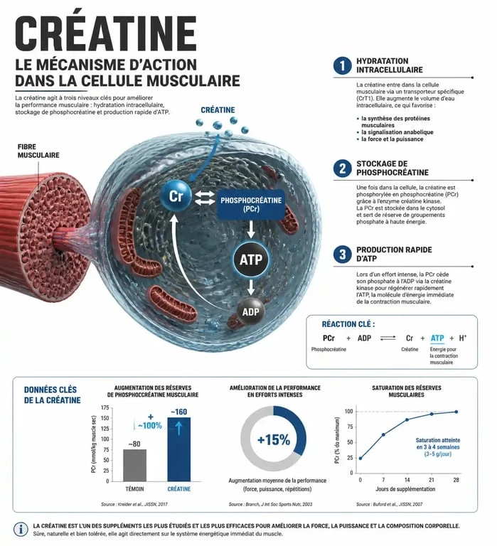 Infographie explicative des effets de la créatine avant après sur le volume musculaire et l'hydratation cellulaire