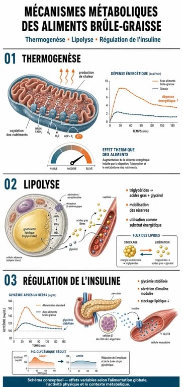 Infographie explicative des mécanismes des aliments brûle-graisse et leur impact sur le métabolisme