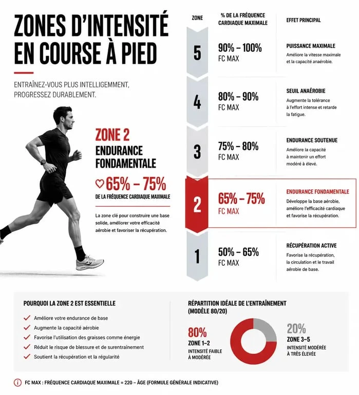Infographie des zones d'entraînement en course à pied illustrant l'endurance fondamentale