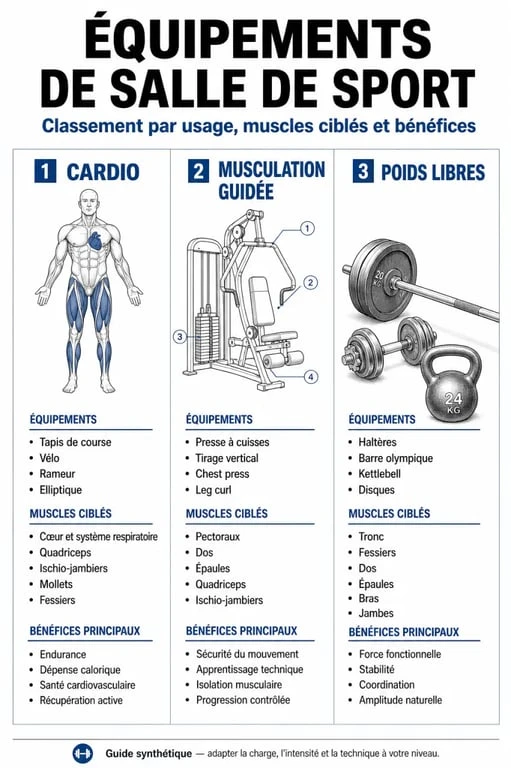 Infographie comparative des types de machine en salle de sport et leurs bénéfices musculaires
