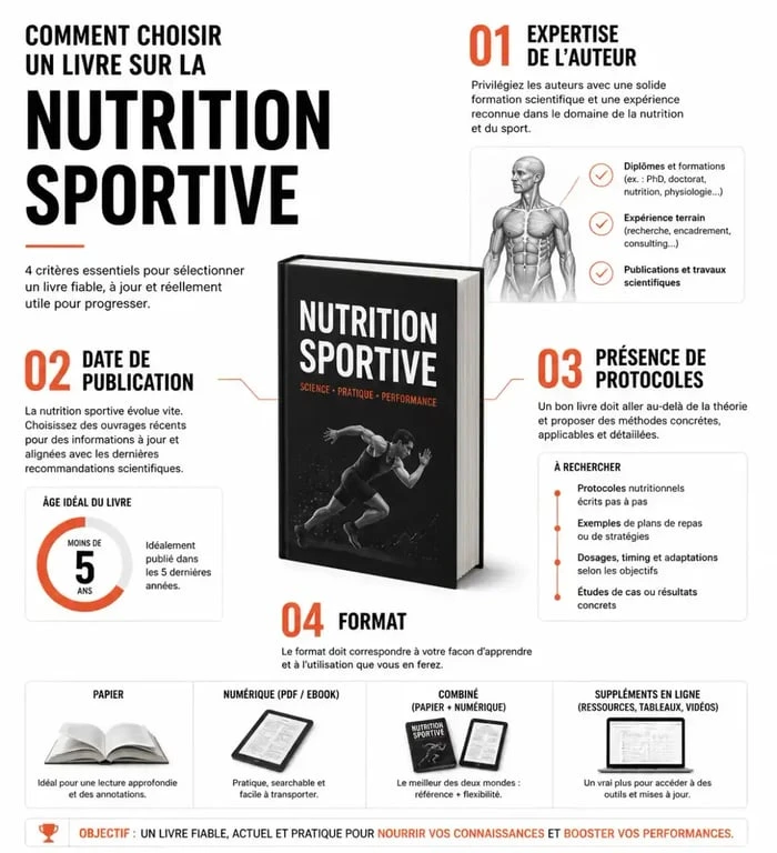 Infographie sur les critères pour choisir le meilleur livre sur la nutrition sportive