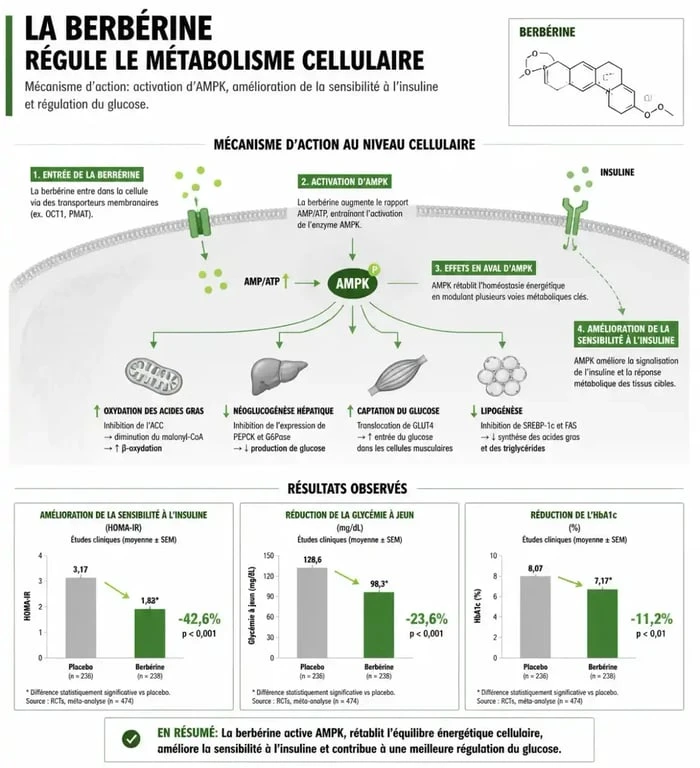 Schéma explicatif du mécanisme d'action de la berbérine pour la perte de poids et la régulation métabolique.