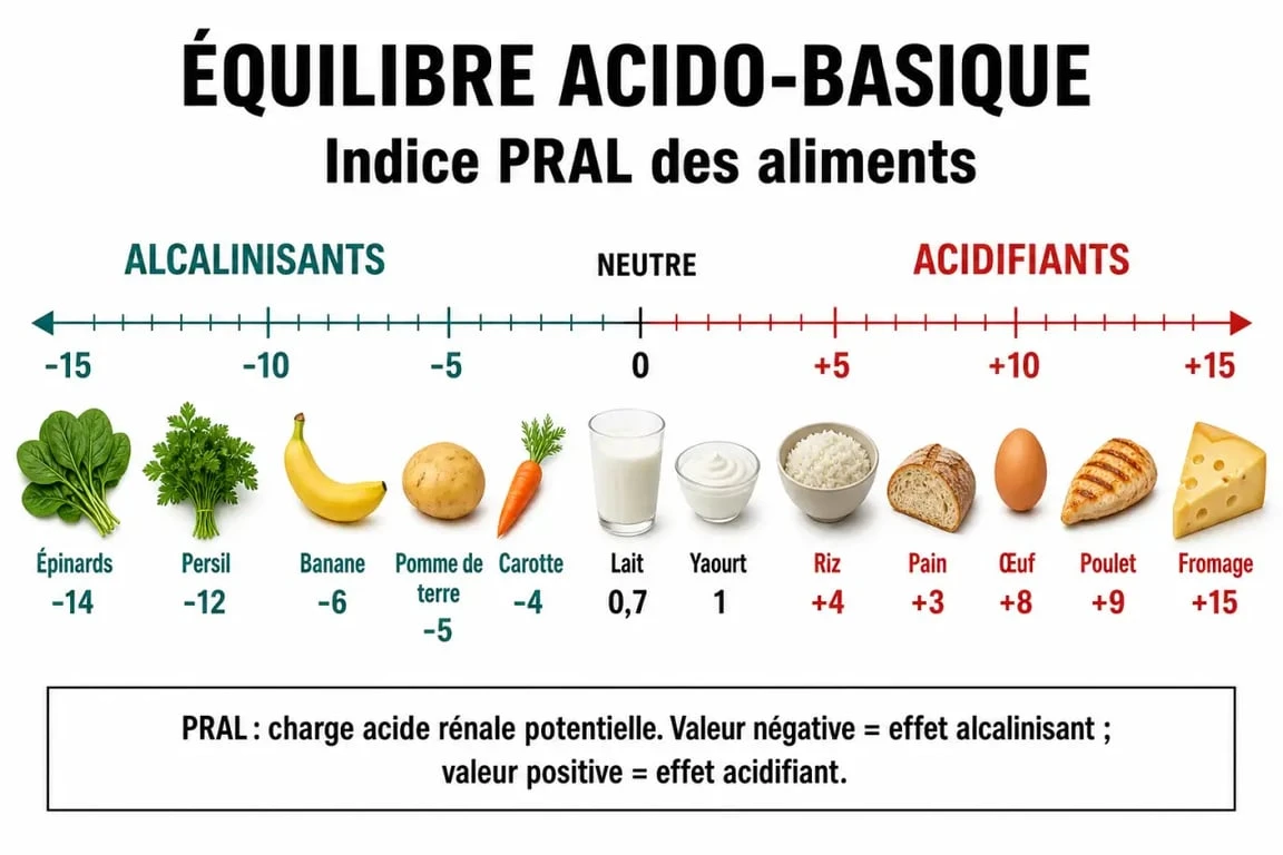 Infographie sur l'indice PRAL et l'équilibre acido-basique pour limiter l'acide lactique